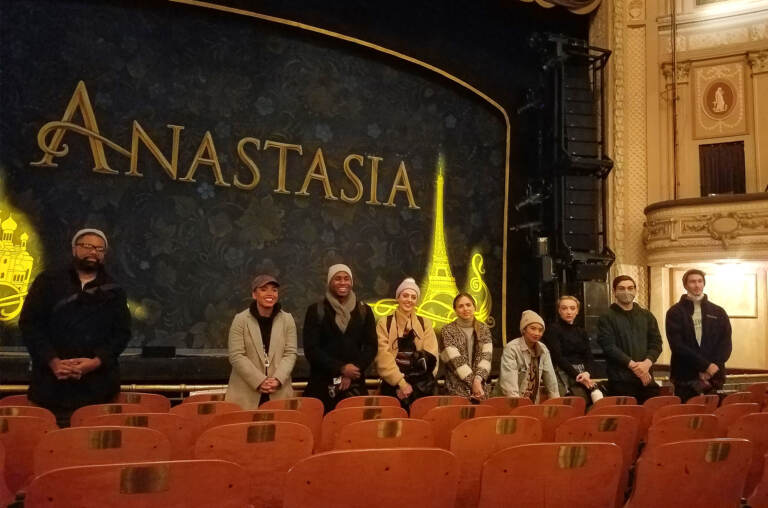The cast of Anastasia met with members of the Chocolate Ballerina Company following a performance at the Merriam Theater. They maintained a 15 foot distance as a pandemic protocol. Kyla Stone is second from the left. (Peter Crimmins/WHYY)