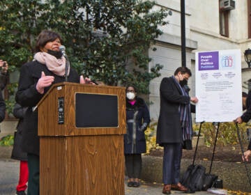 2021 11 29 k paynter Councilmember Maria Quiñones Sánchez city hall-2 Philadelphia district 7 Councilmember Maria Quiñones Sánchez called for reforms at a press conference and petition signing in reaction to Philadelphia Councilmember Bobby Henon and Local 98 manager John Dougherty were convicted on corruption charges, at the City Hall Courtyard on November 29, 2021. (Kimberly Paynter/WHYY)