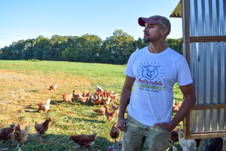 Chris Newman started a farm to raise chickens and pigs sustainably, with plenty of outdoor space. He'd also like the food to be affordable. (Alan Yu/WHYY) 