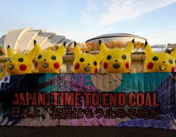 Activists dressed as the Pokemon character Pikachu hold a sign that says, 