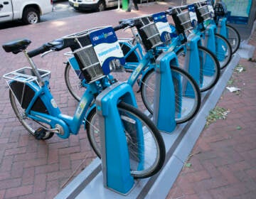 Indego bicycles set in a rack in Philly