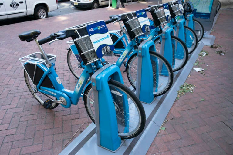 Indego bicycles set in a rack in Philly