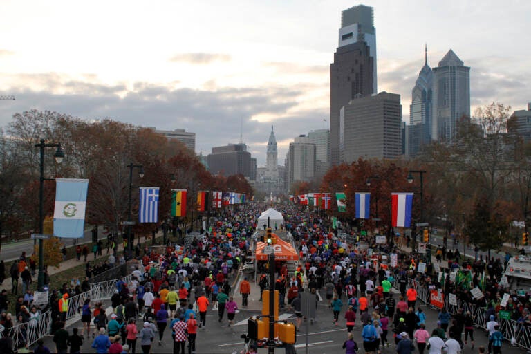 File photo: In this Sunday, Nov. 18, 2012 file photo, runners make their way down Benjamin Franklin Parkway in Philadelphia during the Philadelphia Marathon. A study released on Wednesday, April 12, 2017 shows that marathons can be risky for hearts, but not necessarily those of the runners. It takes longer for nearby residents to get to a hospital for emergency heart care on the day of a race and they're less likely to survive.