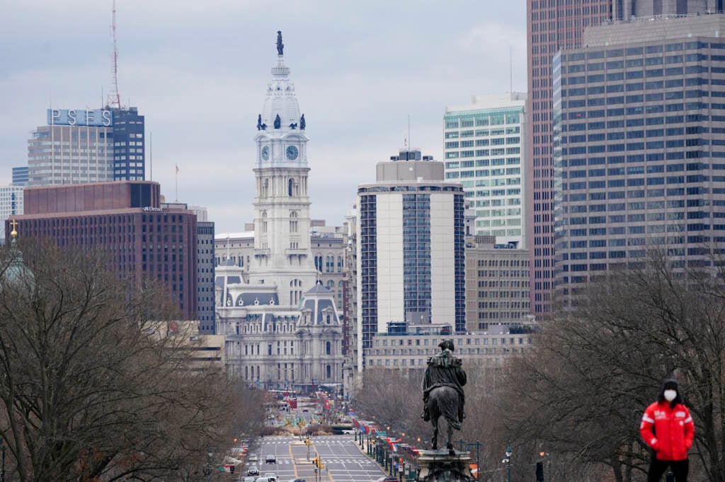Shown is the Benjamin Franklin Parkway and City Hall in Philadelphia, Wednesday, Jan. 27, 2021. 