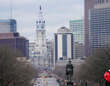 Shown is the Benjamin Franklin Parkway and City Hall in Philadelphia, Wednesday, Jan. 27, 2021.