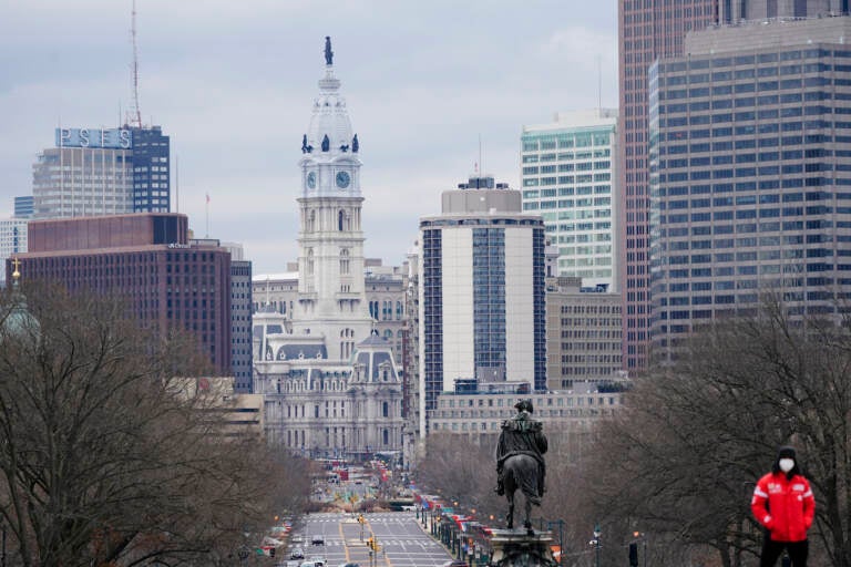 Shown is the Benjamin Franklin Parkway and City Hall in Philadelphia, Wednesday, Jan. 27, 2021.