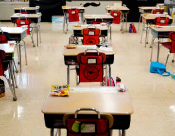 File photo: In this Thursday, March 11, 2021 file photo, desks are arranged in a classroom at an elementary school in Nesquehoning, Pa