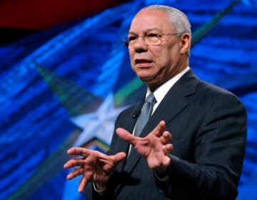 Former Secretary of State Colin Powell gives the closing keynote at the World Congress of Information Technology in Austin, Texas on Friday, May 5, 2006.(AP Photo/Jack Plunkett)