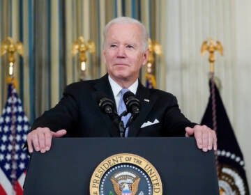 President Joe Biden speaks about the bipartisan infrastructure bill in the State Dinning Room of the White House, Saturday, Nov. 6, 2021, in Washington. (AP Photo/Alex Brandon)