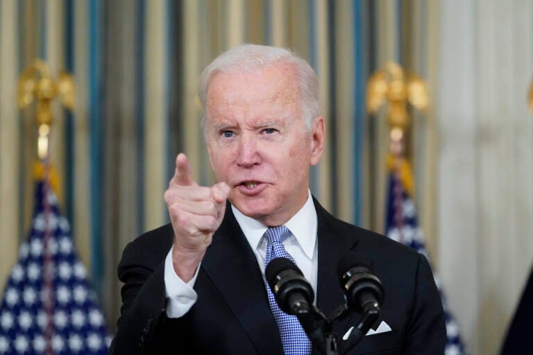 President Joe Biden responds to a question about the U.S. border as he speaks in the State Dinning Room of the White House, Saturday, Nov. 6, 2021, in Washington