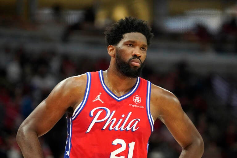 File photo: Philadelphia 76ers' Joel Embiid looks into the stands in an NBA basketball game against the Chicago Bulls Saturday, Nov. 6, 2021, in Chicago. (AP Photo/Charles Rex Arbogast)