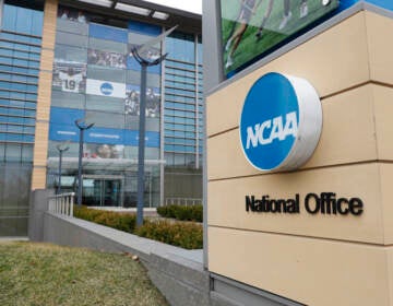 NCAA headquarters in Indianapolis, Thursday, March 12, 2020. (AP Photo/Michael Conroy)