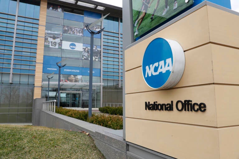 NCAA headquarters in Indianapolis, Thursday, March 12, 2020. (AP Photo/Michael Conroy)