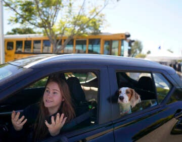 Brooklyn Pittman talks as she sits in her car with her dogs after receiving food from an Armed Services YMCA food distribution, Oct. 28, 2021, in San Diego. As many of 160,000 active duty military members are having trouble feeding their families, according to Feeding America, which coordinates the work of more than 200 food banks around the country. (AP Photo/Gregory Bull)