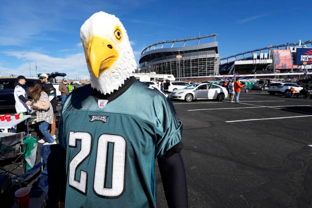 Philadelphia Eagles fan Bill Farrell, of Philadelphia, tailgates prior to an NFL football game against the Denver Broncos, Sunday, Nov. 14, 2021, in Denver