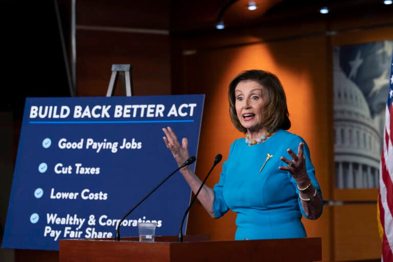 Speaker of the House Nancy Pelosi, D-Calif., talks to reporters about plans to pass President Joe Biden's domestic agenda as the House meets to debate the Build Back Better Act, at the Capitol in Washington, Thursday, Nov. 18, 2021.  (AP Photo/J. Scott Applewhite)