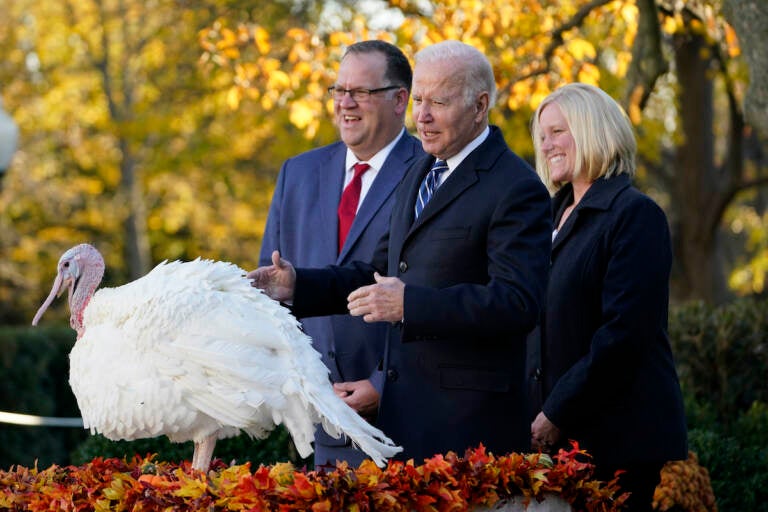 President Joe Biden pardons Peanut Butter, the national Thanksgiving turkey, in the Rose Garden of the White House in Washington, Friday, Nov. 19, 2021