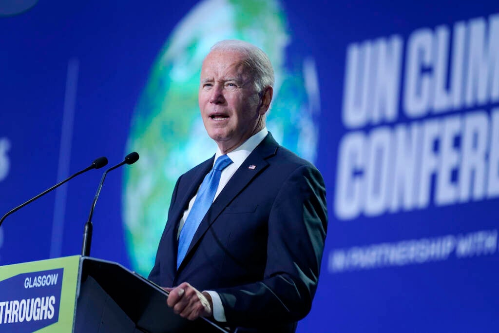 File photo: President Joe Biden speaks during the "Accelerating Clean Technology Innovation and Deployment" event at the COP26 U.N. Climate Summit, Nov. 2, 2021, in Glasgow, Scotland. After talking the climate talk at U.N. negotiations in Scotland, the Biden administration now tests whether a divided United States can push a massive investment for a new era of clean energy through the narrowest of margins in the Senate