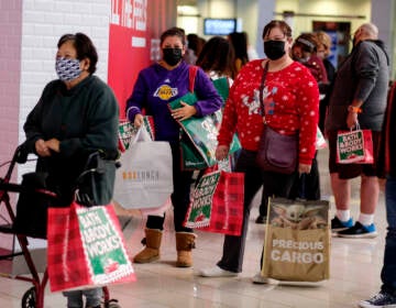 Black Friday shoppers wearing face masks wait in line to enter a store at the Glendale Galleria in Glendale, Calif., Friday, Nov. 27, 2020. (AP Photo/Ringo H.W. Chiu)