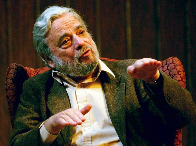 Lyricist Stephen Sondheim gestures during a gathering at Tufts University in Medford, Mass., Monday, April 12, 2004.