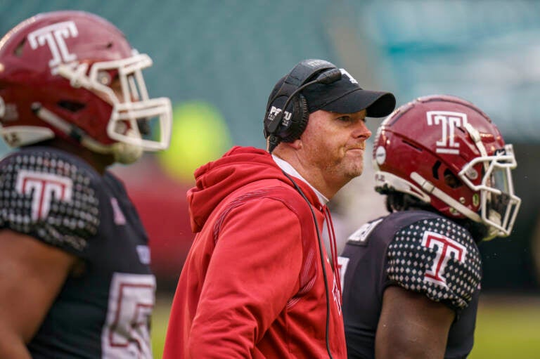 FILE - Temple head coach Rod Carey looks on with his team during the second half of an NCAA college football against Houston, Saturday, Nov. 13, 2021, in Philadelphia. Houston won 37-8.  Temple has fired coach Rod Carey after three seasons with the school,  according to a person with knowledge of the decision. The person spoke on condition of anonymity to The Associated Press on Monday, Nov. 29, because the firing was not officially announced.(AP Photo/Chris Szagola, File)