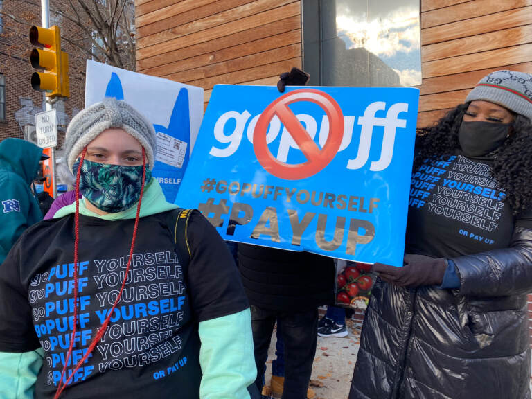 'GoPuff keep saying that we make between $15-25 an hour,' said Candace Hinson, 29, who works at the company's Manayunk facility. 'They do not tell the media that they do not reimburse us for mileage. They do not give us anything for gas. They don't cover car repair.'  (Liz Tung/WHYY)