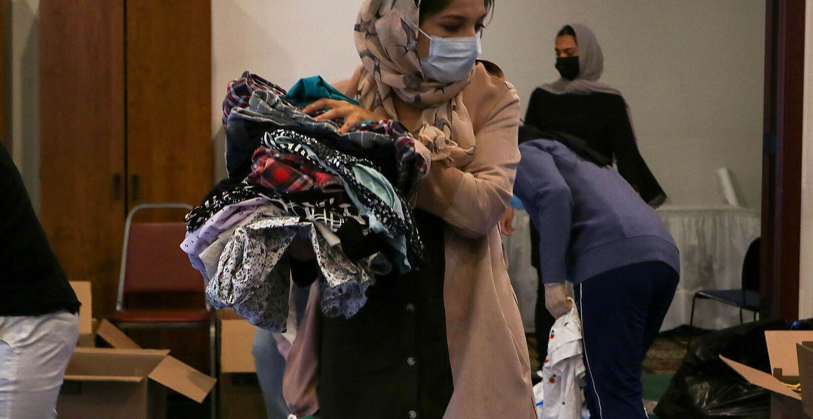 Rona Farighi, community outreach and healthcare coordinator at AOPxSOLA, going through the donations.
A donation pack up for incoming Afghan refugees run by AOPxSOLA and members of Imam Ali Masjid Mosque at Imam Ali Masjid Mosque in Pennsauken, NJ on 11/14/21.
[DANIELLA HEMINGHAUS]