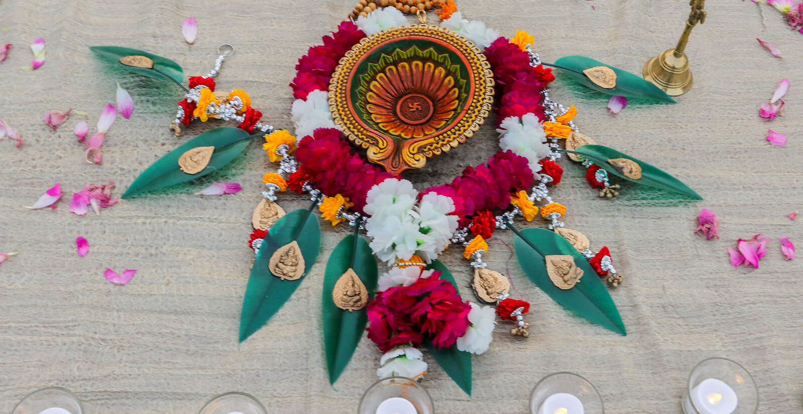 Display of flowers and candles for a Diwali celebration in Doylestown, Pa. in 2021.