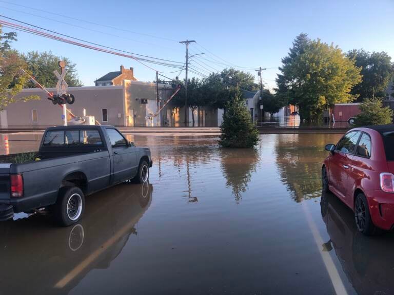 High water levels in Bridgeport captured the morning following the storm. (Robby Brod/WHYY)