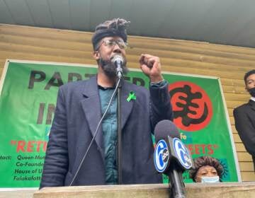 Tommy Joshua Kaison speaks at the “Return to Peace in the Streets” press conference. (Tennyson Donyéa/WHYY)