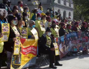 Demonstrators organized by advocacy group Pennsylvania Voice rally on the steps of the state Capitol on Oct. 28, 2021. (Gabriela Martínez / WITF)