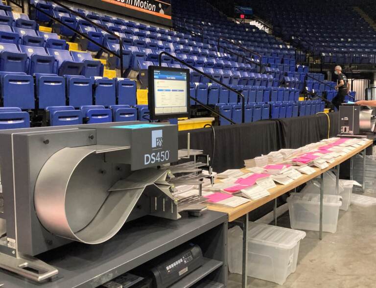 Mail-in ballots from the 2021 primary are ready to be scanned by Berks Election Services. (Courtesy of Stephanie Weaver.)