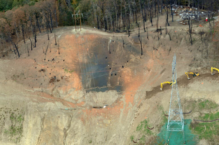 The site of the Revolution Pipeline explosion that occurred in September 2018. Officials have said said heavy rain caused a landslide, leading to the explosion, which destroyed a house. (Marcellus Air/StateImpact PA)

