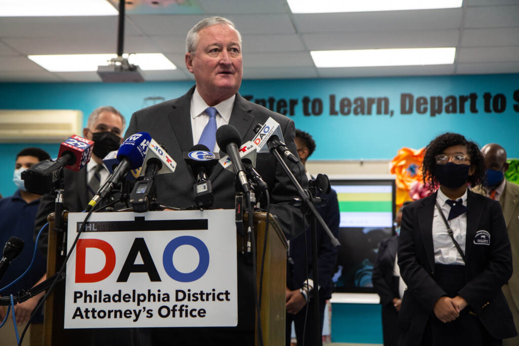 Philadelphia Mayor Jim Kenney speaks from a podium during a press conference