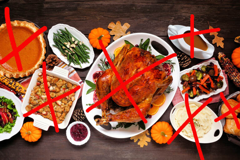 Thanksgiving food crossed out with red Xs