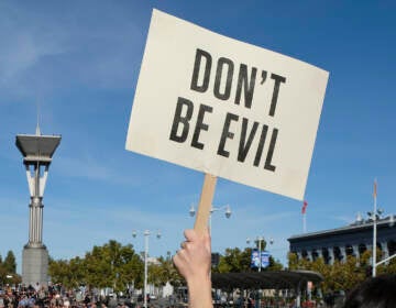 Google employees fill Harry Bridges Plaza in front of the Ferry Building during a walkout Thursday, Nov. 1, 2018, in San Francisco. Carrying signs with messages such as 