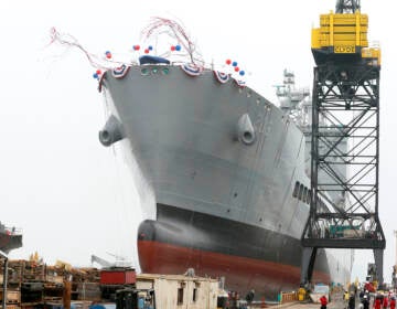 The U.S. Navy launches the USNS Harvey Milk, a fleet replenishment oiler ship named after the first openly gay elected official, in San Diego, Saturday, Nov. 6, 2021. The Navy ship is the second of six vessels in the Navy's John Lewis-class program, second to the USNS John Lewis. (AP Photo/Alex Gallardo)