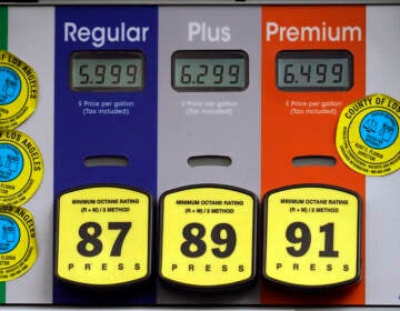 High gas prices are posted at a full service gas station in Beverly Hills, Calif., Sunday, Nov. 7, 2021. The average U.S. price of regular-grade gasoline jumped by 5 cents over the past two weeks, to $3.49 per gallon. The price at the pump is $1.30 higher than a year ago. Industry analyst Trilby Lundberg of the Lundberg Survey said Sunday the rise comes as the cost of crude oil and ethanol surges. Nationwide, the highest average price for regular-grade gas is in the San Francisco Bay Area, at $4.77 per gallon. The lowest average is in Houston, at $2.98 per gallon. (AP Photo/Damian Dovarganes)