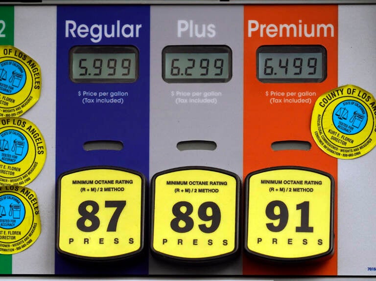 High gas prices are posted at a full service gas station in Beverly Hills, Calif., Sunday, Nov. 7, 2021. The average U.S. price of regular-grade gasoline jumped by 5 cents over the past two weeks, to $3.49 per gallon. The price at the pump is $1.30 higher than a year ago. Industry analyst Trilby Lundberg of the Lundberg Survey said Sunday the rise comes as the cost of crude oil and ethanol surges. Nationwide, the highest average price for regular-grade gas is in the San Francisco Bay Area, at $4.77 per gallon. The lowest average is in Houston, at $2.98 per gallon. (AP Photo/Damian Dovarganes)