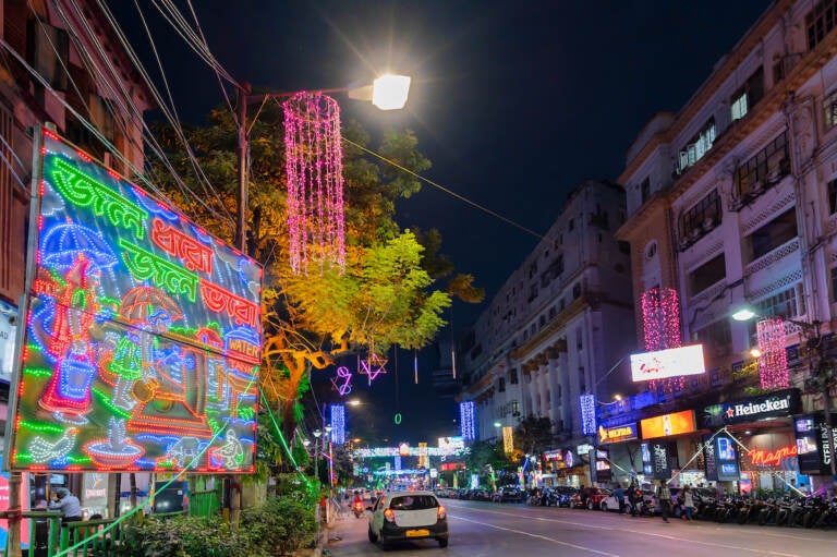 Park street area of Kolkata, India is decorated with Diwali lights on 12 Nov. 2020