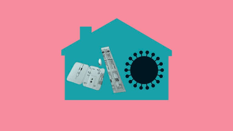 An illustration of a home, with a COVID-19 test and illustration of the virus itself inside
