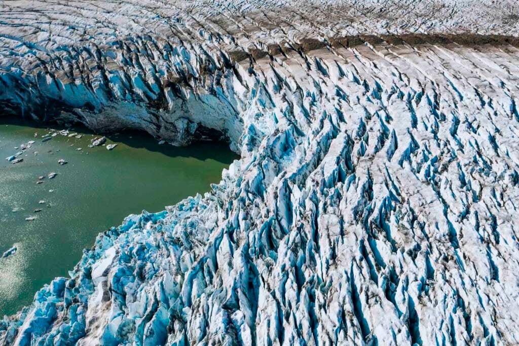 An aerial photo shows a view of the Apusiajik glacier