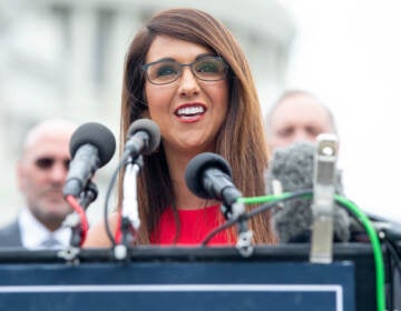 Rep. Lauren Boebert, R-Colo., speaks during a news conference outside the Capitol in August. (Saul Loeb/AFP via Getty Images)