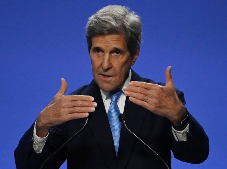 GLASGOW, SCOTLAND - NOVEMBER 10: US special climate envoy, John Kerry speaks during a joint China and US statement on a declaration enhancing climate action in the 2020's on day eleven of the COP26 climate change conference at the SEC on November 10, 2021 in Glasgow, Scotland. Day eleven of the 2021 climate summit in Glasgow will focus on driving the global transition to zero-emission transport. This is the 26th 