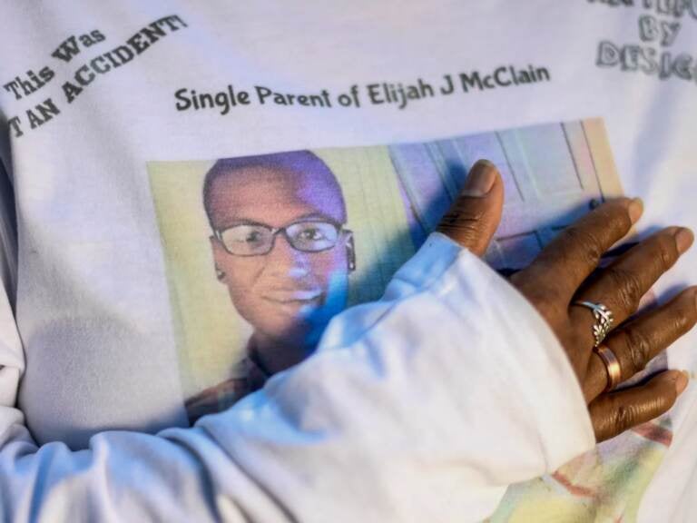 Sheneen McClain stands at the site where her son Elijah was killed after an interaction with Aurora Police officers and paramedics resulted in the 23-year-old being restrained, choked and given a sedative on August 24, 2019. (Aaron Ontiveroz/MediaNews Group/The Denver Post via Getty Images)