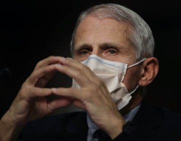 A closeup of Dr. Fauci wearing a face mask as he gestures with his hands