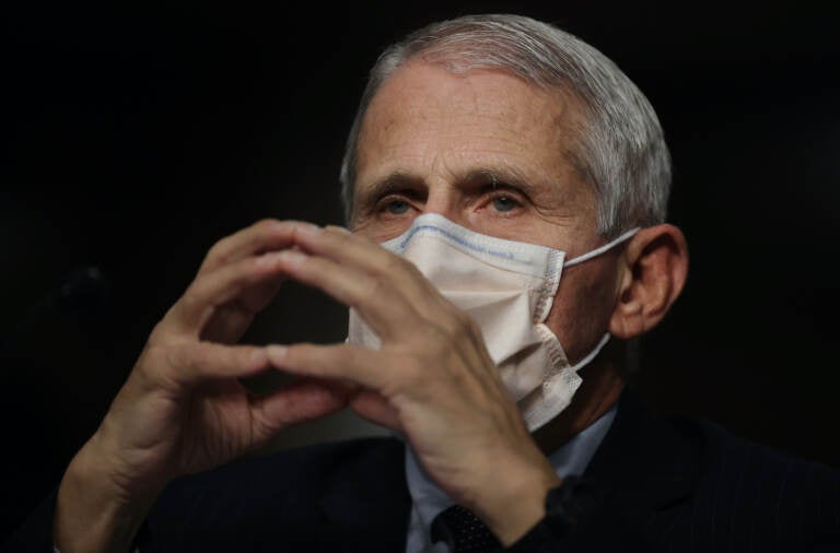 A closeup of Dr. Fauci wearing a face mask as he gestures with his hands