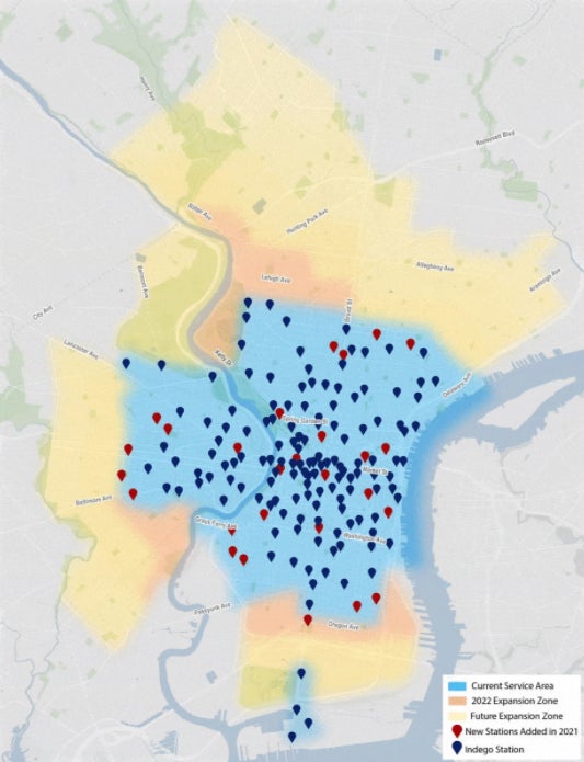 A graphic illustrates levels of the Indego bike-share expansion