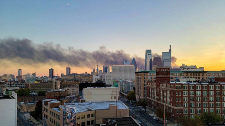 A tire fire in Southwest Philadelphia sends plumes of smoke across the city.