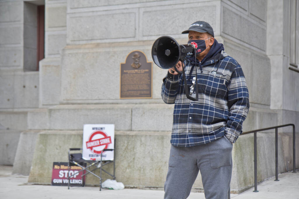 Jamal Johnson resumed his hunger strike on Monday, March 1, 2021. He’s protesting outside City Hall in Philadelphia for more resources to combat gun violence